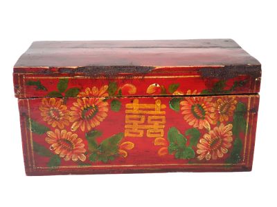 Ancien Coffre Chinois en bois - Fleurs et caractère chinois du bonheur