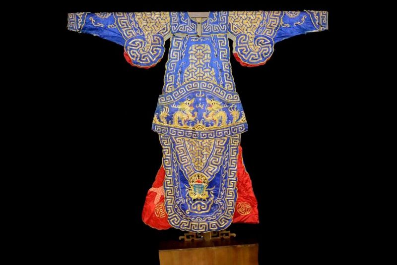 Ancien Costume de Théâtre Chinois Bleu et Dragon doré