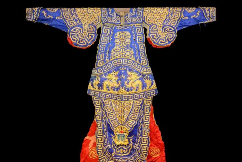Ancien Costume de Théâtre Chinois Bleu et Dragon doré 2