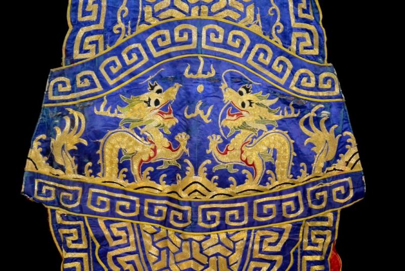 Ancien Costume de Théâtre Chinois Bleu et Dragon doré 3