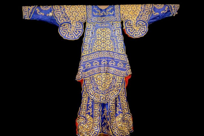 Ancien Costume de Théâtre Chinois Bleu et Dragon doré 5