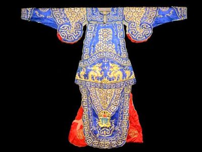 Ancien Costume de Théâtre Chinois Bleu et Dragon doré