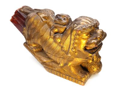 Ancien Lion gardien chinois 2 chiens dorés