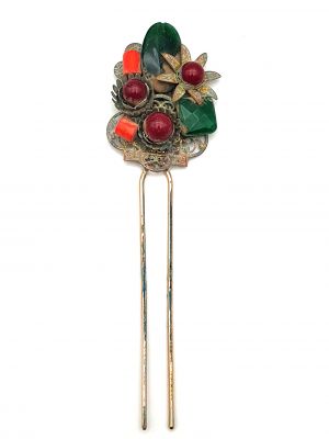 Ancien Pic à cheveux chinois - Bijoux de tête - Fleur et feuille de jade