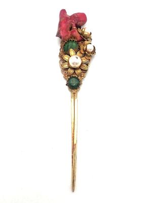 Ancien Pic à cheveux chinois - Perles, corail rouge et jade