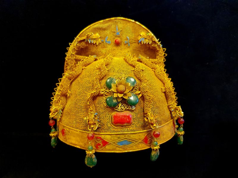 Ancienne Coiffe de théâtre dorée - Empereur et impératrice - Dynastie Qing 1