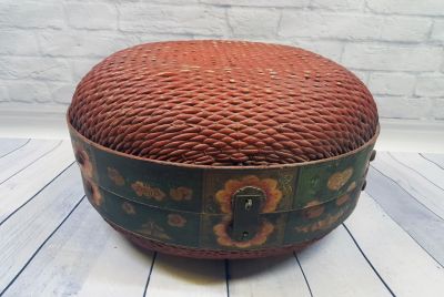 Ancienne grande boite à chapeau chinoise tressée - Vannerie