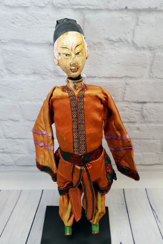 Ancienne marionnette de Théâtre chinoise - Province Fujian - Homme / Costume de soie Orange 2