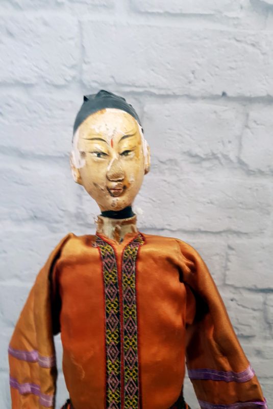 Ancienne marionnette de Théâtre chinoise - Province Fujian - Homme / Costume de soie Orange 3