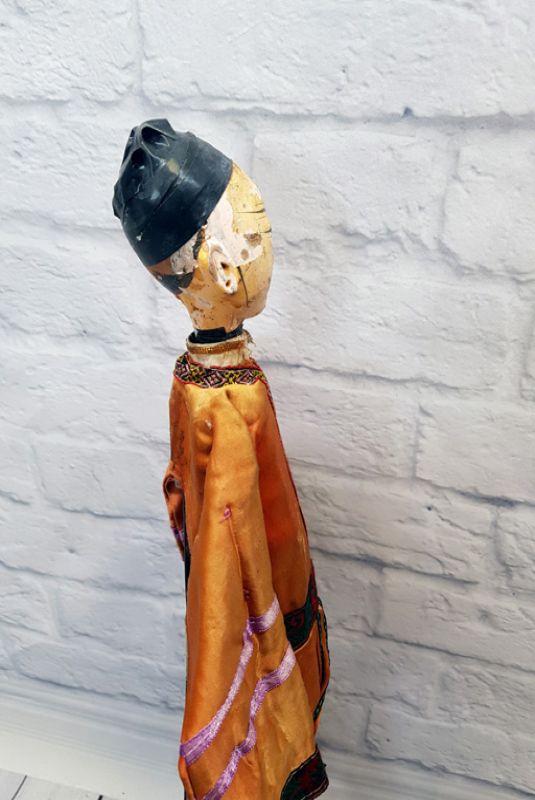 Ancienne marionnette de Théâtre chinoise - Province Fujian - Homme / Costume de soie Orange 4