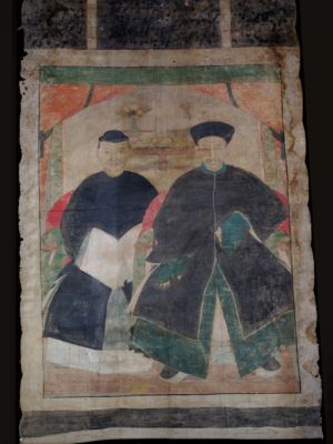 Ancienne Peinture d'ancêtres Chinois sur toile - Couple chinois