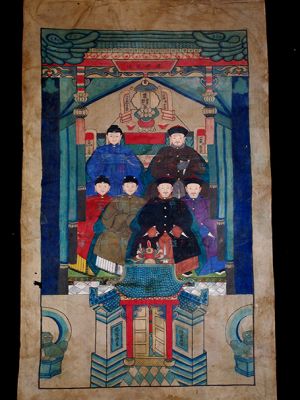 Ancienne Peinture d'ancêtres Chinois sur toile - Dignitaire Chinois - Qing