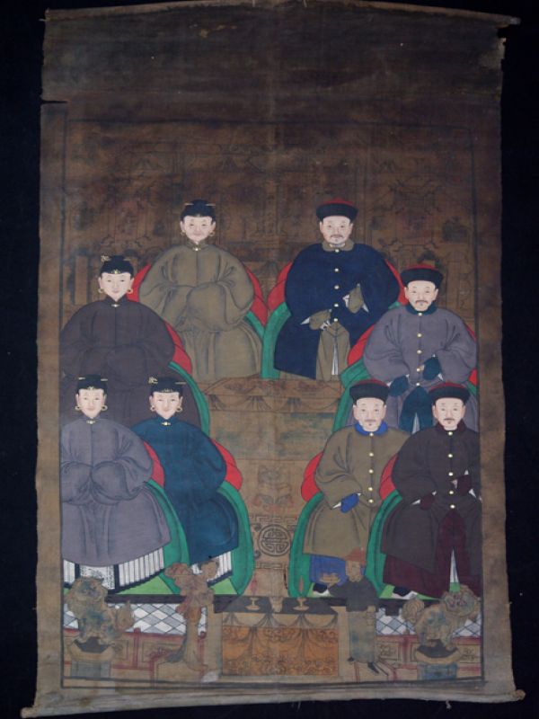Ancienne Peinture d'ancêtres Chinois sur toile - Dynastie Qing