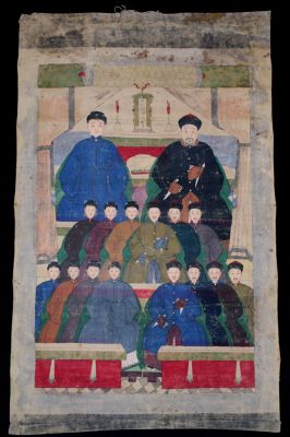 Ancienne Peinture d'ancêtres Chinois sur toile - Famille - 16 Personnes