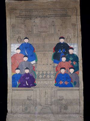 Ancienne Peinture d'ancêtres Chinois sur toile - Famille de 10 personnes Ancienne Peinture d'ancêtres Chinois sur toile - Famille de 10 personnes