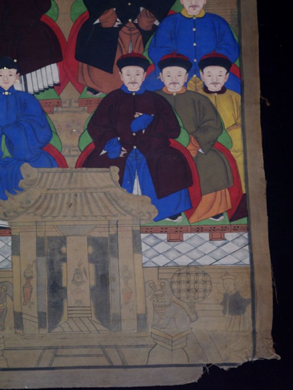 Ancienne Peinture d'ancêtres Chinois sur toile - Famille de dignitaire chinois 3