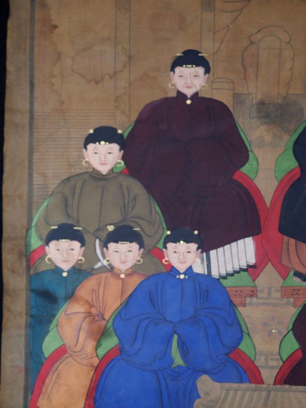 Ancienne Peinture d'ancêtres Chinois sur toile - Famille de dignitaire chinois 4