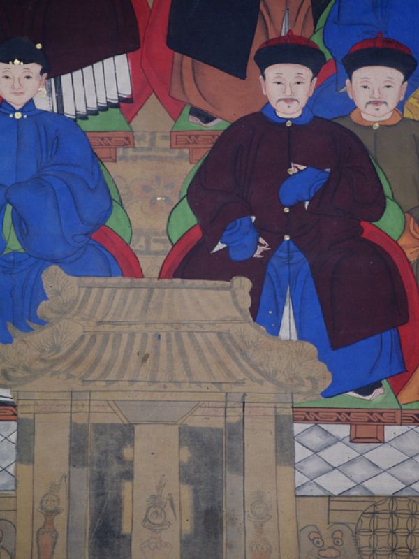 Ancienne Peinture d'ancêtres Chinois sur toile - Famille de dignitaire chinois 5