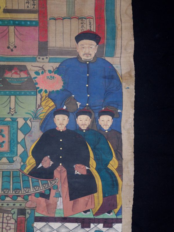 Ancienne Peinture d'ancêtres Chinois sur toile - Famille de dignitaires chinois 3