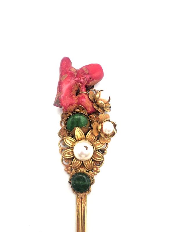 Ancient Chinese Hair Stick - Pearls, red coral and jade 2