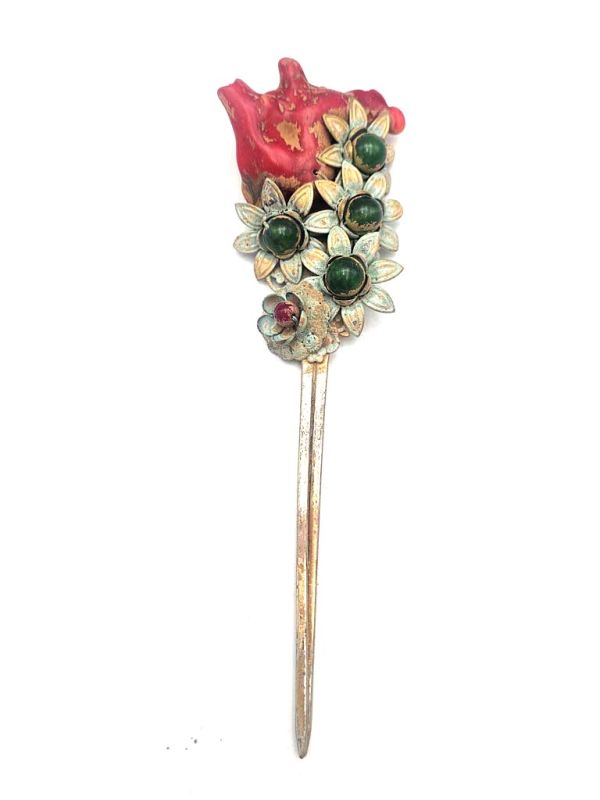 Ancient Chinese Hair Stick - Red Coral and Jade 1