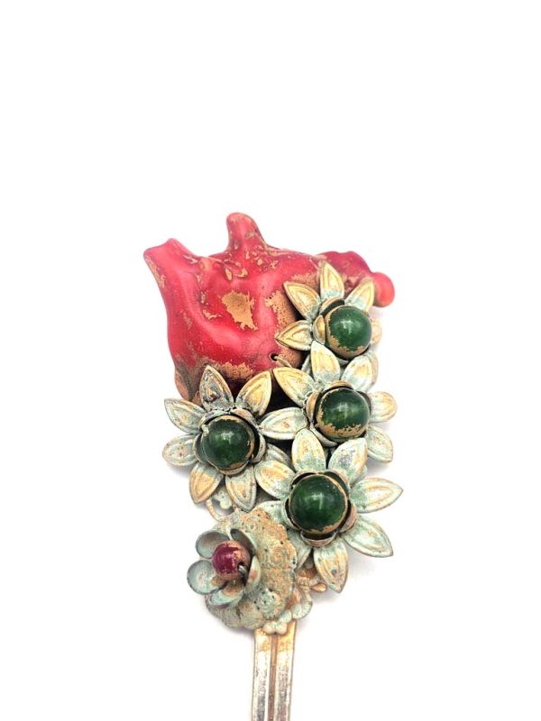 Ancient Chinese Hair Stick - Red Coral and Jade 2