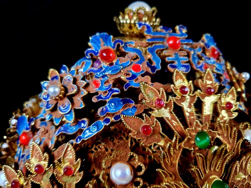 Ancient golden Chinese Theatre Hat - Emperor and Empress -Fire Phoenix - Cloisonne + semi-precious stone 3