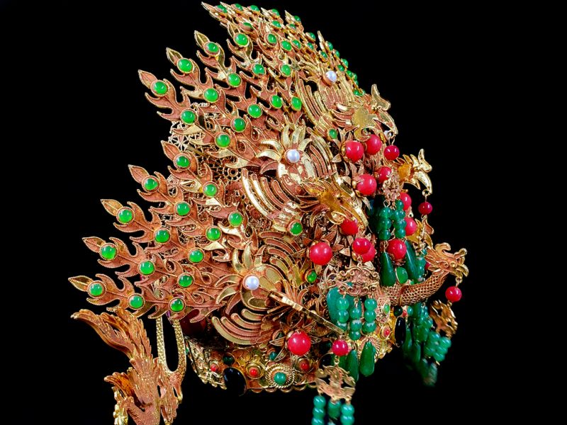 Ancient golden Chinese Theatre Hat - Emperor and Empress -Fire Phoenix - Jade 3