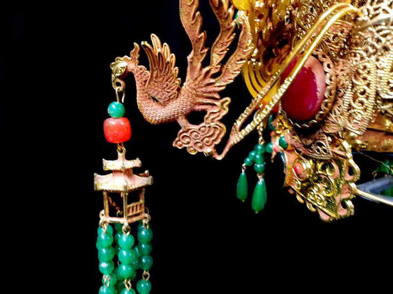 Ancient golden Chinese Theatre Hat - Emperor and Empress -Fire Phoenix - Jade 5