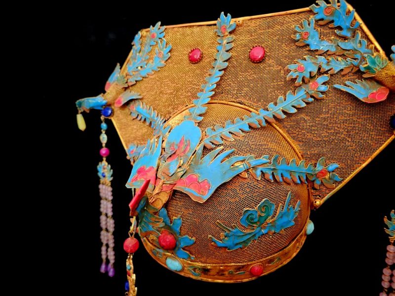 Ancient golden Chinese Theatre Hat - Emperor and Empress -Imperial Phoenix Headdress in Gold Filigree with Enamels & Dangling Pearls 2