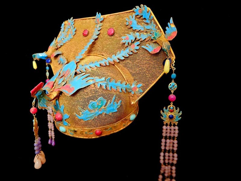 Ancient golden Chinese Theatre Hat - Emperor and Empress -Imperial Phoenix Headdress in Gold Filigree with Enamels & Dangling Pearls 3