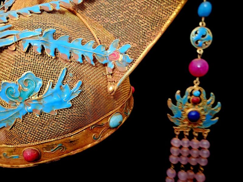 Ancient golden Chinese Theatre Hat - Emperor and Empress -Imperial Phoenix Headdress in Gold Filigree with Enamels & Dangling Pearls 4