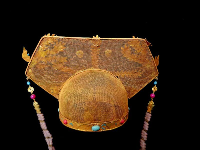 Ancient golden Chinese Theatre Hat - Emperor and Empress -Imperial Phoenix Headdress in Gold Filigree with Enamels & Dangling Pearls 5
