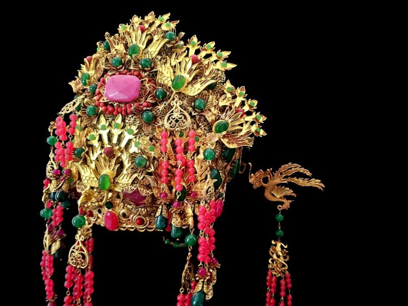 Ancient golden Chinese Theatre Hat - Emperor and Empress -The green and pink phoenix - Empress 3