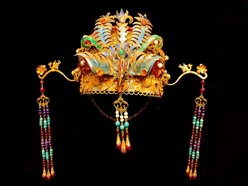 Ancient golden Chinese Theatre Hat - Emperor and Empress - The Multicolored Phoenix - Beads 1