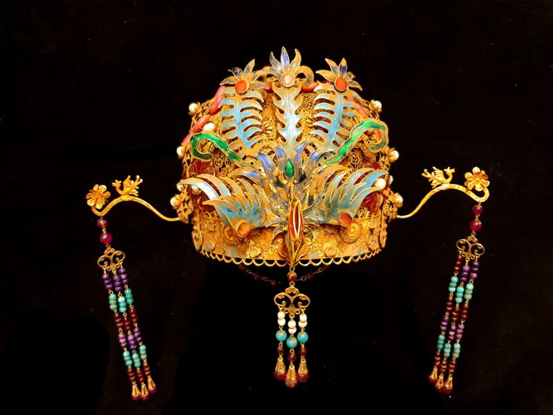 Ancient golden Chinese Theatre Hat - Emperor and Empress - The Multicolored Phoenix - Beads 2
