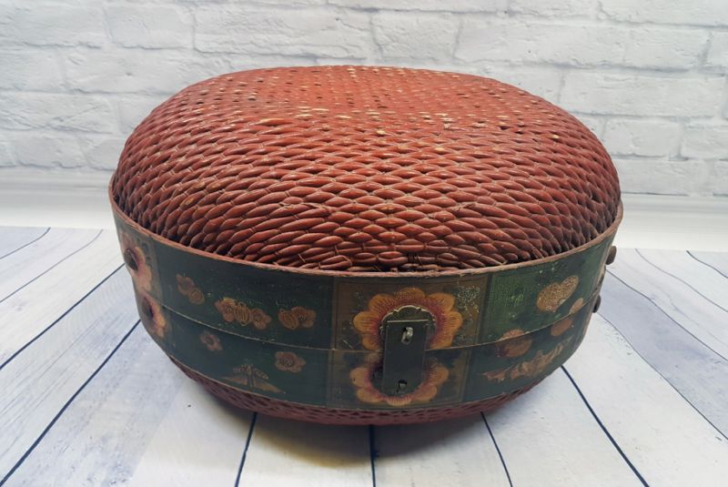Antigua gran caja de sombrero chino trenzado - Basketry 1