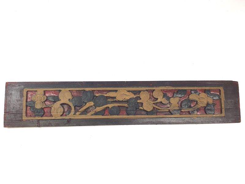 Antigua Placa de Madera - Dinastía Qing - Chino - Flores negras y doradas 1
