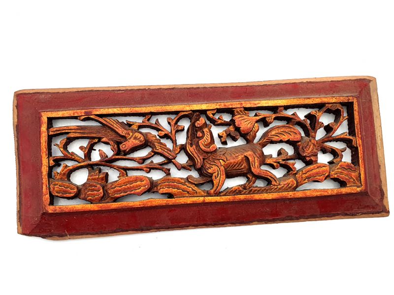 Antigua Placa de Madera - Dinastía Qing - Leones de Fu y el pájaro 1