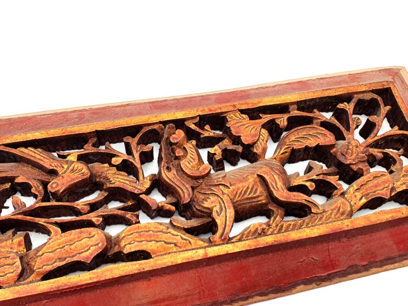 Antigua Placa de Madera - Dinastía Qing - Leones de Fu y el pájaro 2