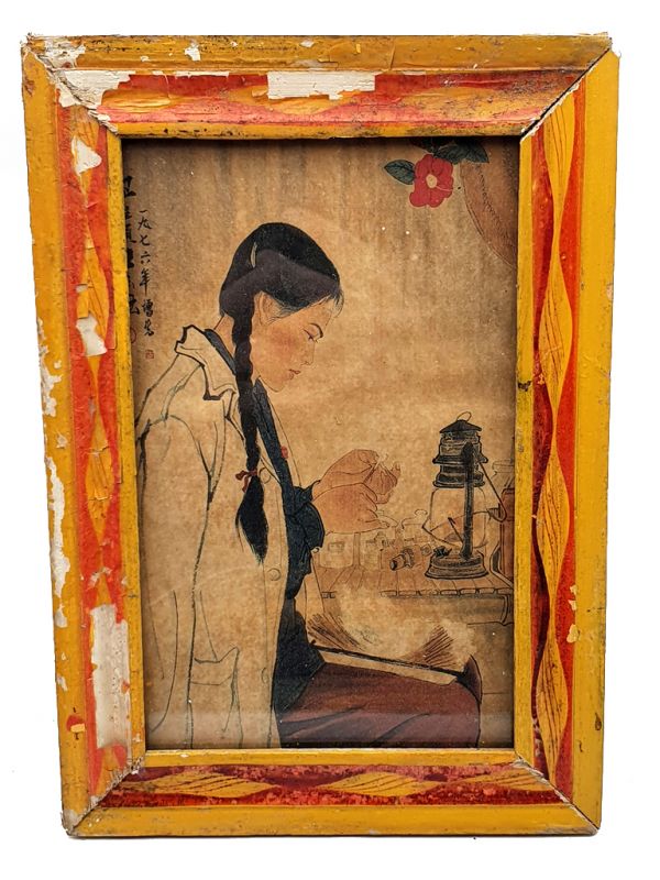 Antiguo marco de madera chino - Pintura - adolescente chino 1