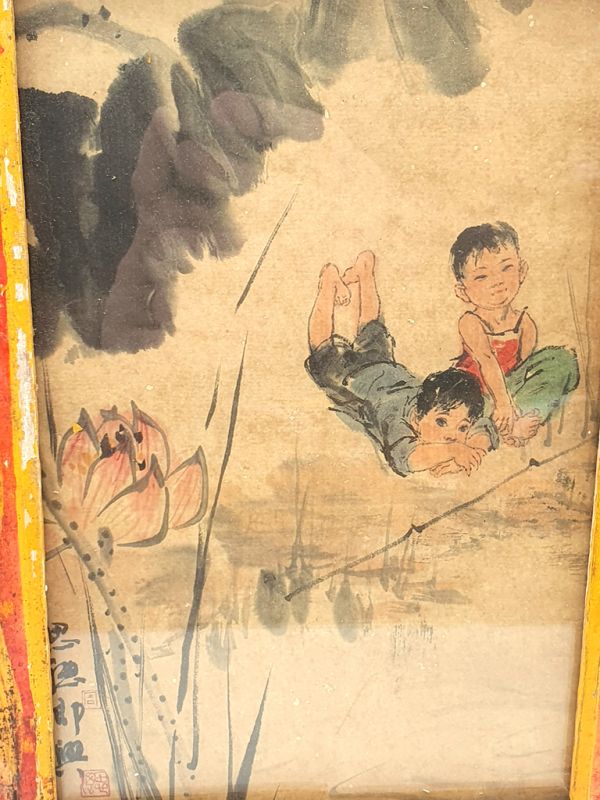 Antiguo marco de madera chino - Pintura - children and the lotus 2