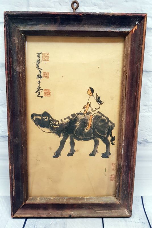 Antiguo marco de madera chino - Pintura - El hombre y el búfalo 1