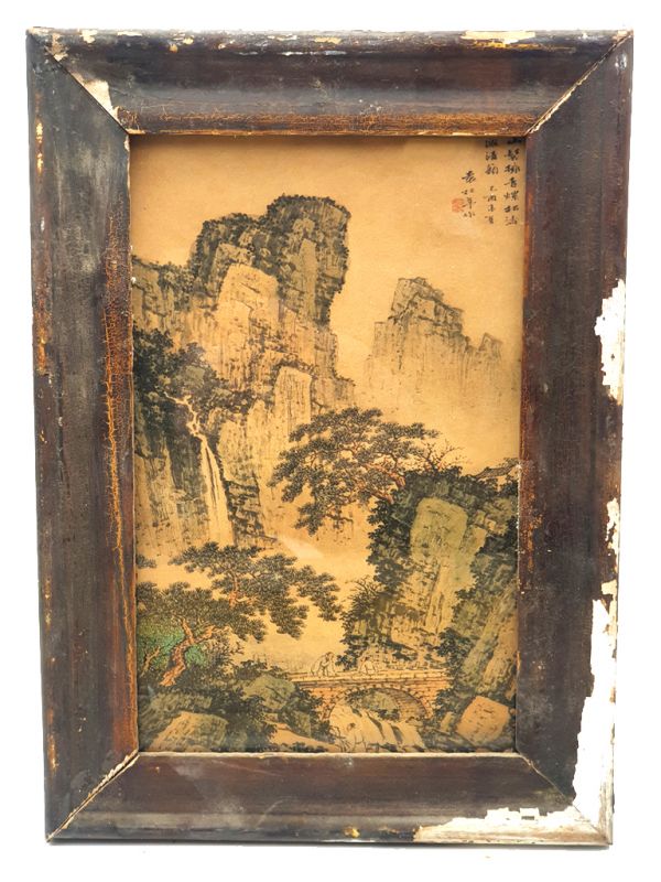 Antiguo marco de madera chino - Pintura - El puente en la montaña 1