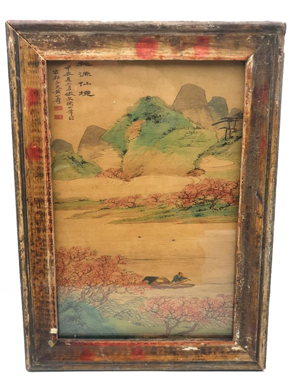 Antiguo marco de madera chino - Pintura - El río y los cerezos 1