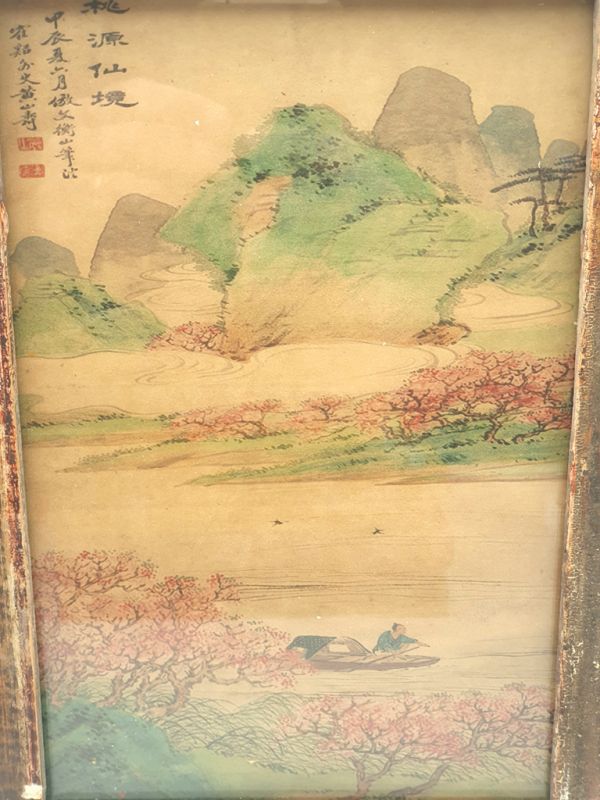 Antiguo marco de madera chino - Pintura - El río y los cerezos 2