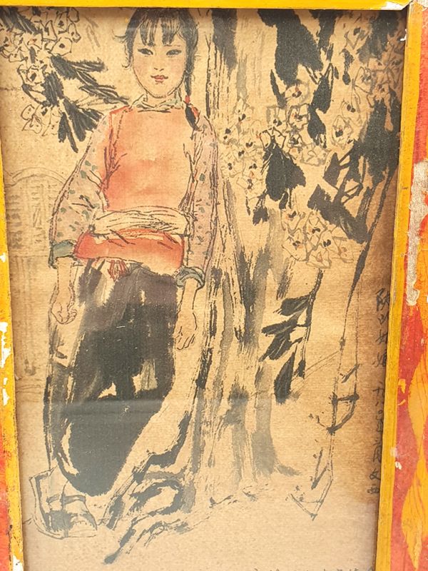 Antiguo marco de madera chino - Pintura - La chica del pueblo en el bosque 2