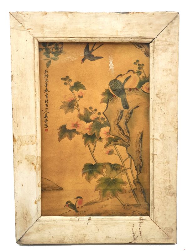 Antiguo marco de madera chino - Pintura - Pájaros 1