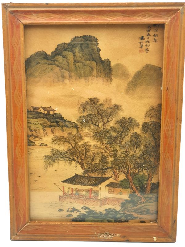 Antiguo marco de madera chino - Pintura - The house by the lake 1