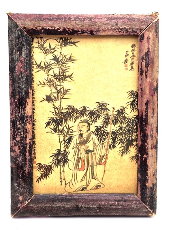 Antiguo pequeño marco de madera chino - Pintura - El sabio en el bosque de bambú. 1
